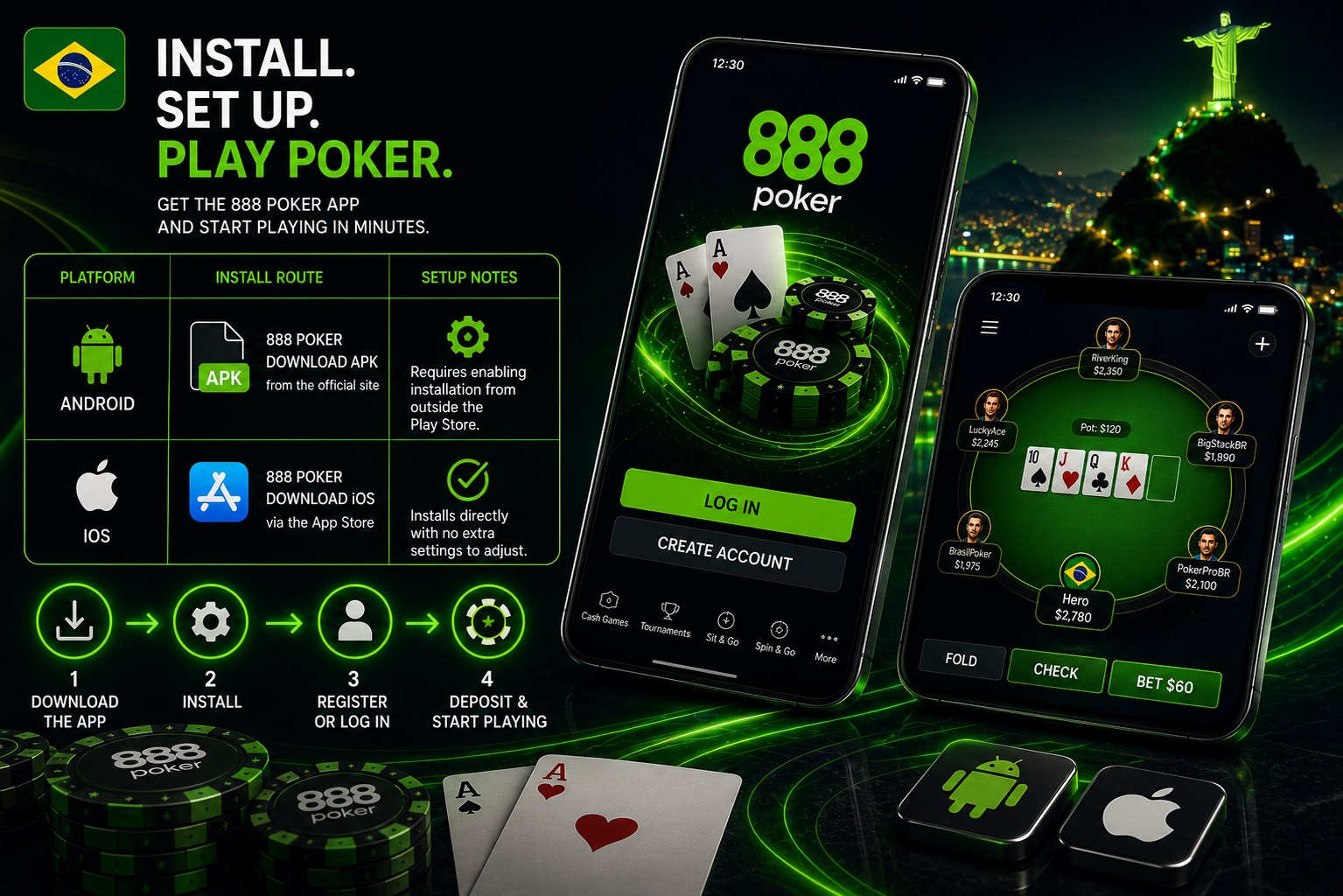 Installing 888 Poker app on Android and iOS in Brazil